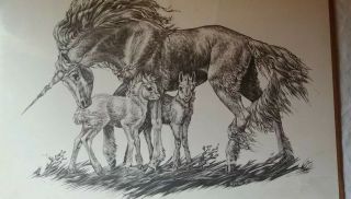 Windstone Editions Art Print Unicorn And Foals 14x11 1981 M.  Pena Print