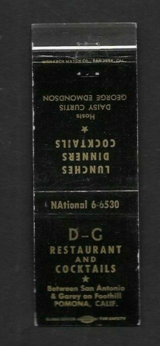 Matchbook Cover Pomona Ca D - G Restaurant And Cocktails Hosts Daisy & George 57