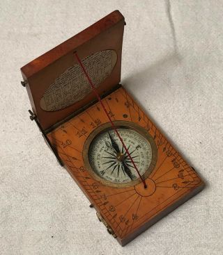 Antique Pocket Traveling Boxwood And Brass Diptych Sundial And Compass