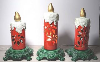 Vintage Ceramic Mold Electric Candles Poinsettia Cut Outs Set Of 3 Hand Painted