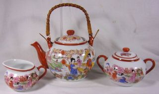 Vintage Hand Painted Japanese Figural Basket Teapot Creamer & Sugar Bowl Set