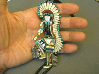 Native American Zuni Multi - Stone Inlay Sterling Silver Kachina Dancer Bolo Tie
