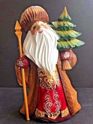 Russian Santa Christmas Tree Hand Carved & Painted Wood Figurine 8.  5 " H