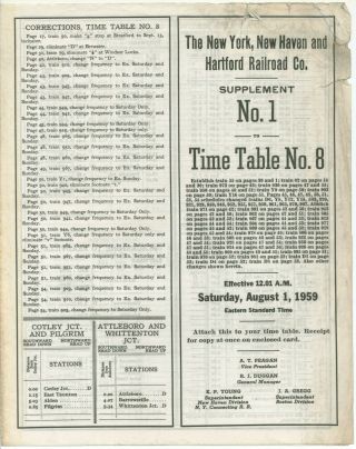 York & Haven & Hartford Railroad Co.  Timetable Aug 1,  1959 Est 8 Sup 1