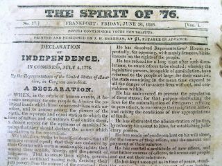 1826 Ky Newspaper W Declaration Of Independence Printing Incl Names Othe Signers