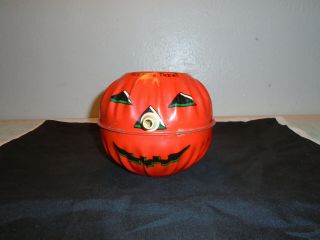 Vintage Tin Halloween Jack - O - Lantern Pumpkin Candy Treat Bucket