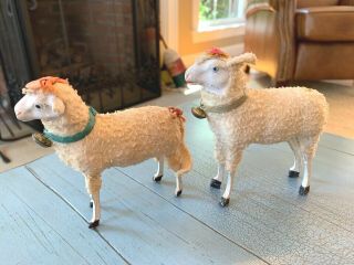 2 Victorian Putz Sheep With Bells And Ribbons Germany German Wooly Stick Leg Toy