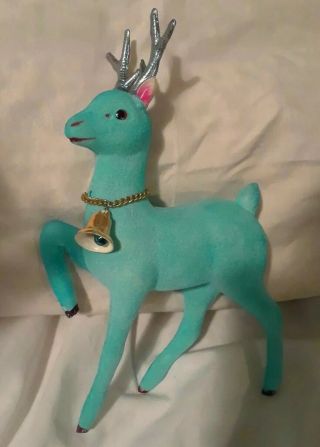 Vintage Christmas Flocked Blue Reindeer Deer Bell Figurine Silver Antlers Japan