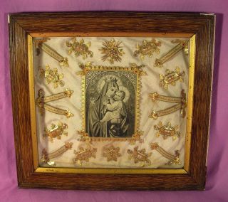 Old Ornate French Frame Reliquary With 8 Holy Relics.