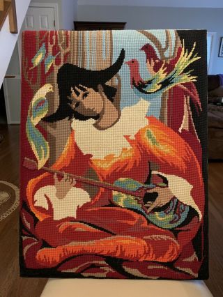 Vintage Man W/ Lute Guitar Portrait Completed Needlepoint Tapestry Canvas