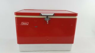 Vintage Coleman Red Metal Cooler Ice Chest W/ Metal Handles