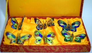 6 Vintage Trembler Enamel Cloisonne Butterfly Ornaments
