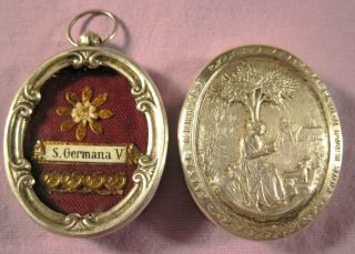 Antique French Silver Theca Case With A Relic Of St.  Germaine.