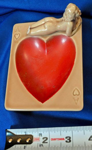 Ashtray Trinket Tray Nude Woman Pinup Vtg Ceramic Playing Cards Hearts
