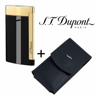 St Dupont Slim 7 Flat Jet Flame Lighter & Matching Leather Case Black