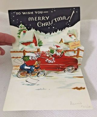 Vintage Christmas Card Motorcycle Santa in Old Car POP UP 3D D4 2