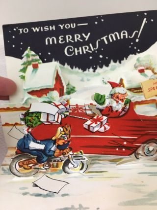 Vintage Christmas Card Motorcycle Santa in Old Car POP UP 3D D4 3