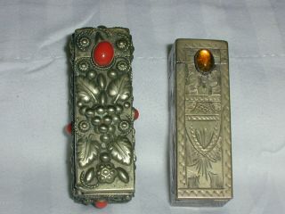 2 Antique 800 Silver Lipstick Mirrored Cases With Stones