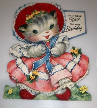 Vintage 1950s Gibson Happy Birthday Niece Greeting Card Cat Kitten