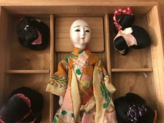Vintage Katsuraningyo Japanese doll w/ 6 Wigs in wood box 1970s 2