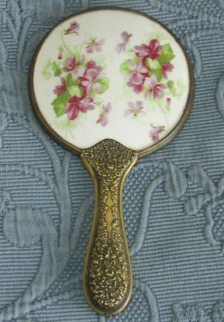 Antique Victorian Brass Hand Held Vanity Mirror With Porcelain Floral Decoration