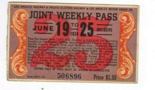 Los Angeles California Pacific Electric Railway Weekly Pass July 19 - 25 1938