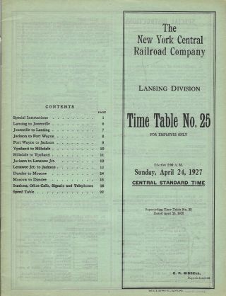1927 York Central Railroad Co.  Lansing Division Employee Time Table