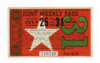 Los Angeles California Pacific Electric Railway Weekly Pass July 25 - 31 1943