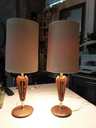 Pair Mid Century Teak 19.  5 " Table Lamps