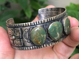A,  Old Pawn Whirling Logs Navajo Mossy Turquoise & Sterling Silver Cuff Bracelet
