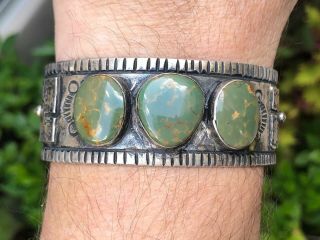 A,  OLD PAWN WHIRLING LOGS NAVAJO MOSSY TURQUOISE & STERLING SILVER CUFF BRACELET 4