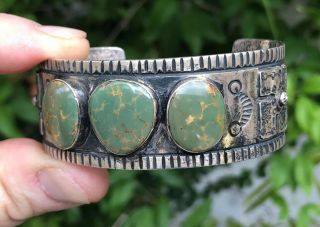A,  OLD PAWN WHIRLING LOGS NAVAJO MOSSY TURQUOISE & STERLING SILVER CUFF BRACELET 8