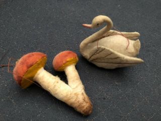 Antique Cotton Batting Swan & Mushroom Christmas Ornaments