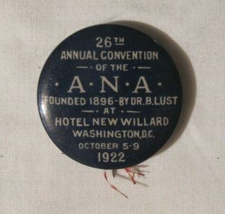 Rare 1922 American Naturopathic Association Pin Button Minnie Lowther Dr.  Lust
