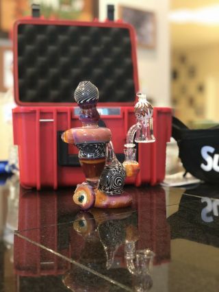 Heady Hand blown Glass Recycler Rig 10mm Banger Black Opal Pearls And Safe Box 5