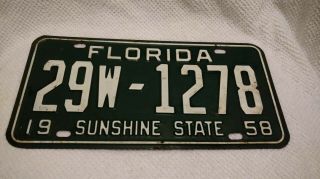 Vintage 1958 Florida License Plate Green/white 29w - 1278