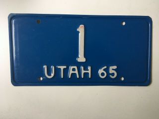 1965 Utah License Plate Governor Low Number One Single Digit 1 All