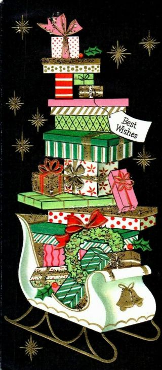 Mcm Pink Glitter Presents Sleigh Gift Wrap Mcm Snow Vtg Christmas Greeting Card