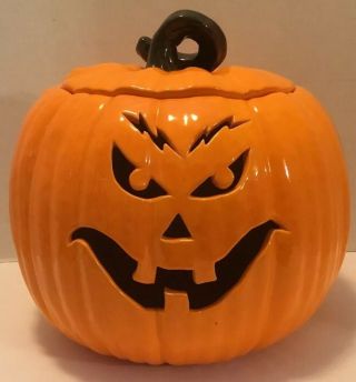 Vintage Ceramic Jack O Lantern Pumpkin Large 13”x14” With Lid Halloween Unusual