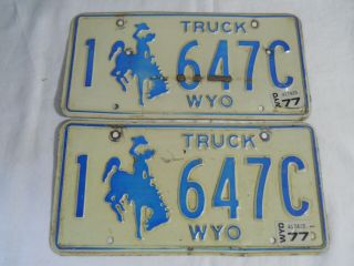 Matched Pair Vintage 1975 Wyoming Truck License Plates 1 647c & 1977 Stickers
