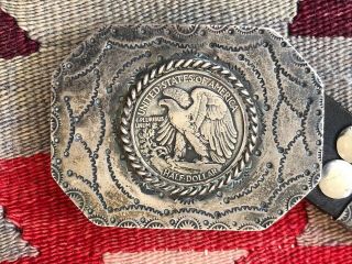 Old Hefty Native American Stamped Sterling Silver W/ Half Dollars Concho Belt 4