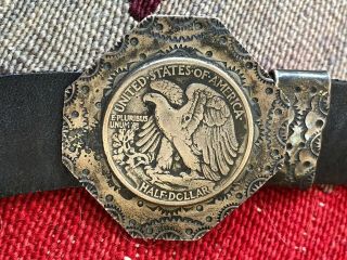 Old Hefty Native American Stamped Sterling Silver W/ Half Dollars Concho Belt 6