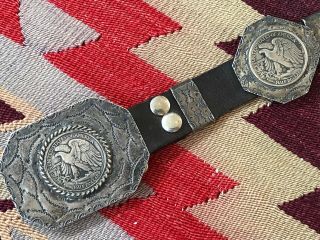 Old Hefty Native American Stamped Sterling Silver W/ Half Dollars Concho Belt 8