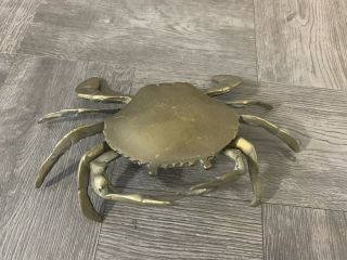 Vintage Solid Brass Crab Ashtray 7 1/2 " Wide Ocean Beach Shell Sea Decoration