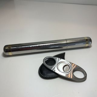 Single Stainless Steel Cigar Tube Silver W/ Gold Rings 54rg & Cigar Cutter