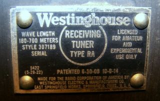 1921 Westinghouse / RCA Type RA Tuner in VG Cond / / it ' s 98 Years Old 2