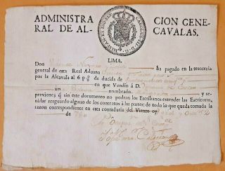 Spain Peru Slavery Document Spanish Royal Custom Slave Import Tax Receipt 1780