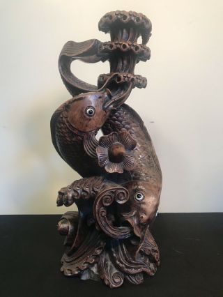 Antique Asian Carved Wood Figurine Statue Of Two Koi Fish In Water