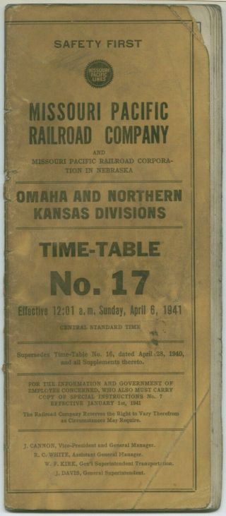 Mp Missouri Pacific Rr Co.  Omaha & Northern Kansas Div.  Employes Tt No.  17 1941