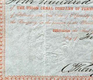 UNION CANAL COMPANY of PENNSYLVANIA Stock 1866 HISTORIC COMPANY,  RARE CERT,  VF, 3